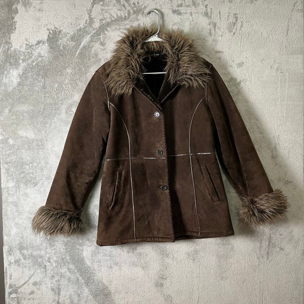Vintage Penny Lane Shearling Coat Fur Trim Boho Glam Leather Brown Medium